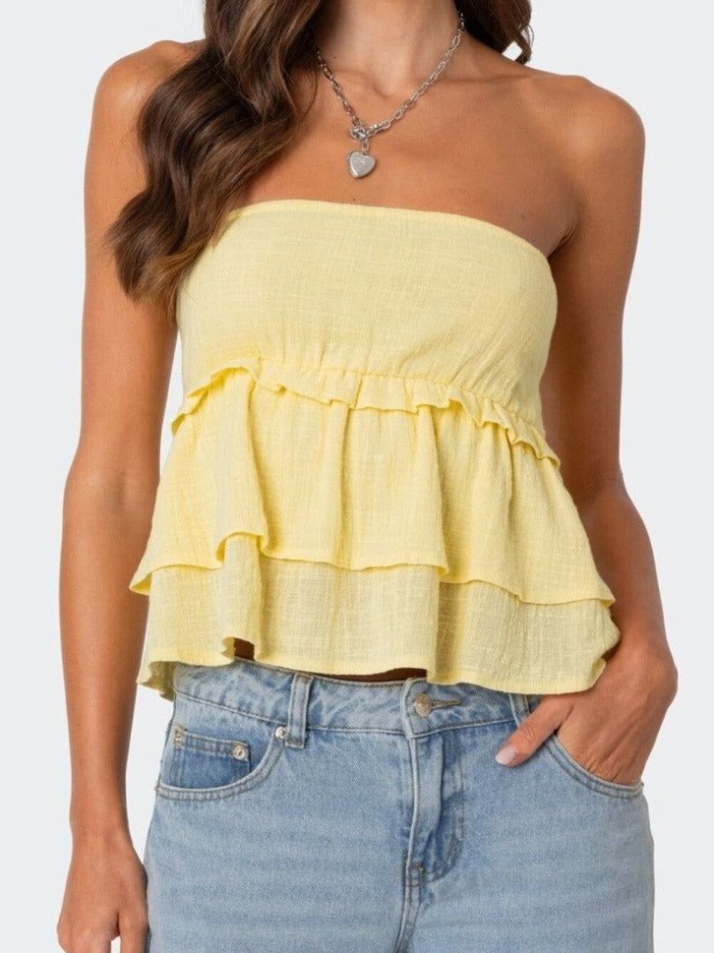 Edikted Yellow Strapless Ruffle Tiered Tube Top Size M